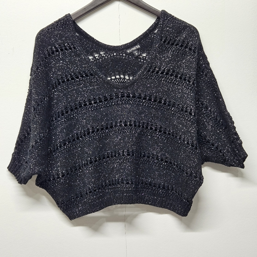 Express Open Knit Cropped VNeck Dolman Sleeves Sweater XS Boxy Y2K Batwing Boho